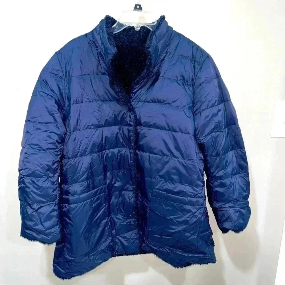 J. Jill Down Reversible Puffer Coat Jacket Size M Petite Blue